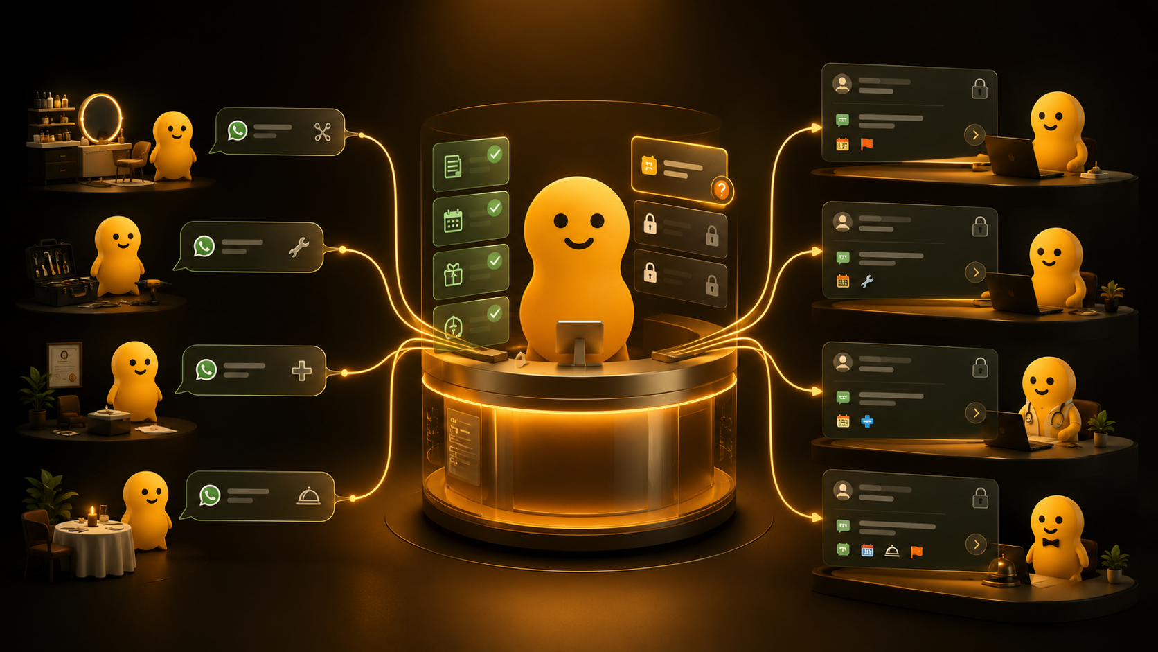 BOTEN Reception Desk routing WhatsApp inquiries from different businesses into summaries and permissions